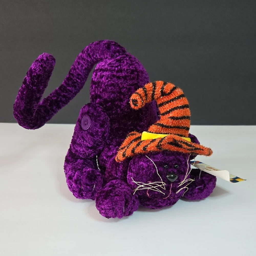 Halloween Decor Purple Cat Plush with Orange Witch Hat